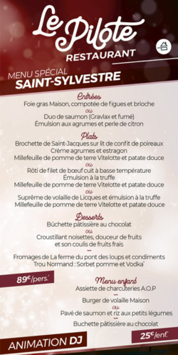 Menu de la Saint Sylvestre 2023 au restaurant Le Pilote à Prouvy