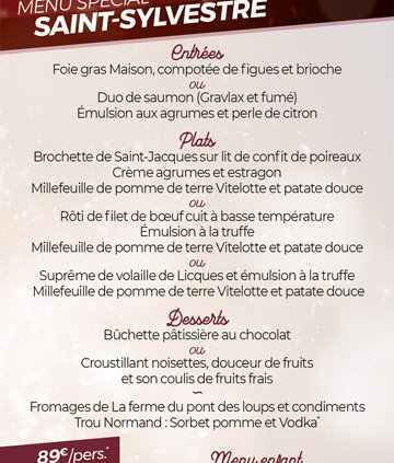 Menu de la Saint Sylvestre 2023 au restaurant Le Pilote à Prouvy